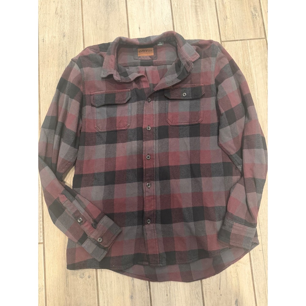 Orvis Mens Flannel Shirt Jacket Burgundy Grey Black Plaid Long Sleeve Size M